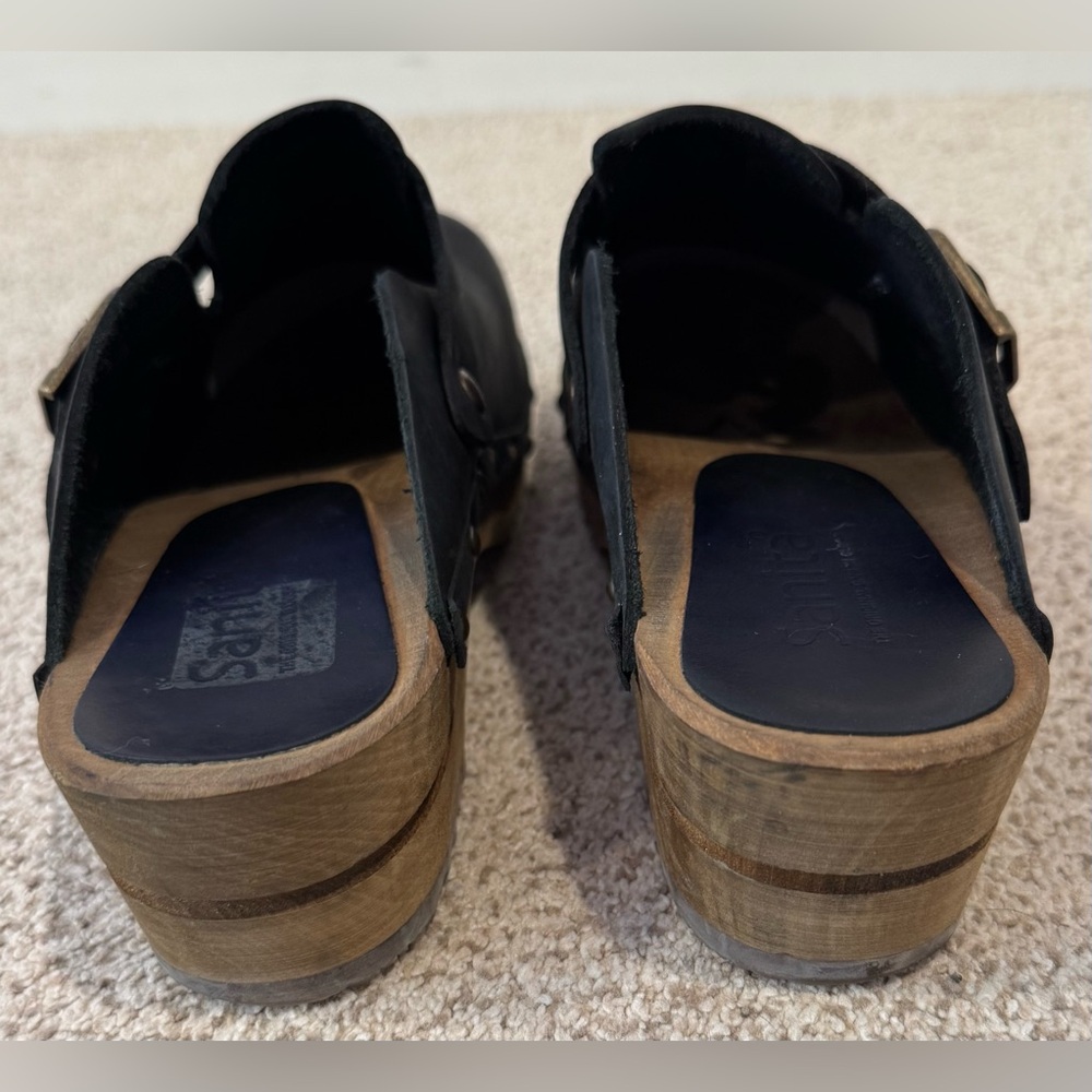 Sanita Kristel Black Nubuck Leather Wood Studded Clog Mule Shoes w/ Buckle - Picture 5 of 15